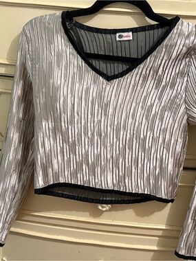 Silver Pleated V-Neck Women's Blouse with Black Trim